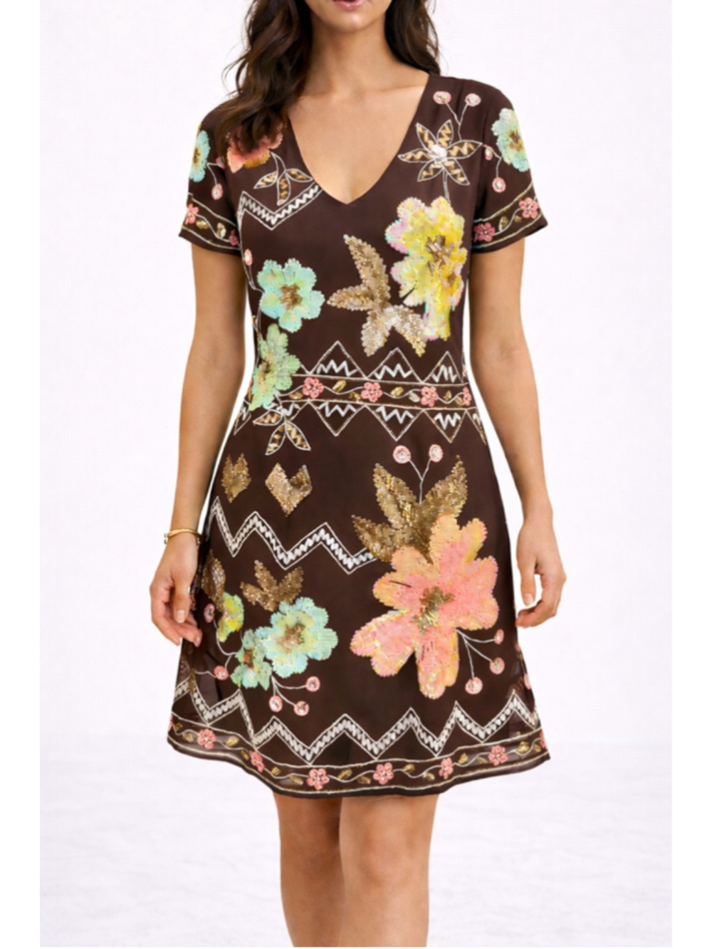Needle Thread Lotus Flower Dress Size‎ 4 Brown Sequin Beaded Floral DR0065SS14
